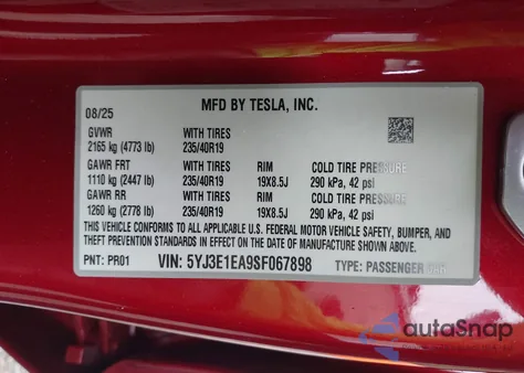 2025 Tesla Model 3 Long Range Rear-Wheel Drive from USA, damaged, VIN 5YJ3E1EA9SF067898